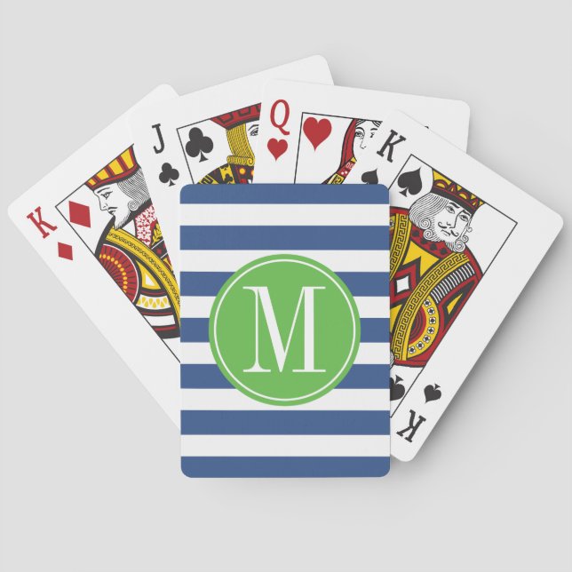 Green and Blue Stripes Custom Monogram Playing Cards (Back)