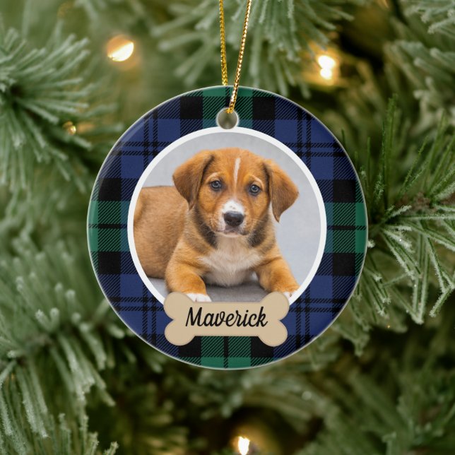 Green and Blue Tartan Plaid Custom Dog Photo Ceramic Ornament (Tree)