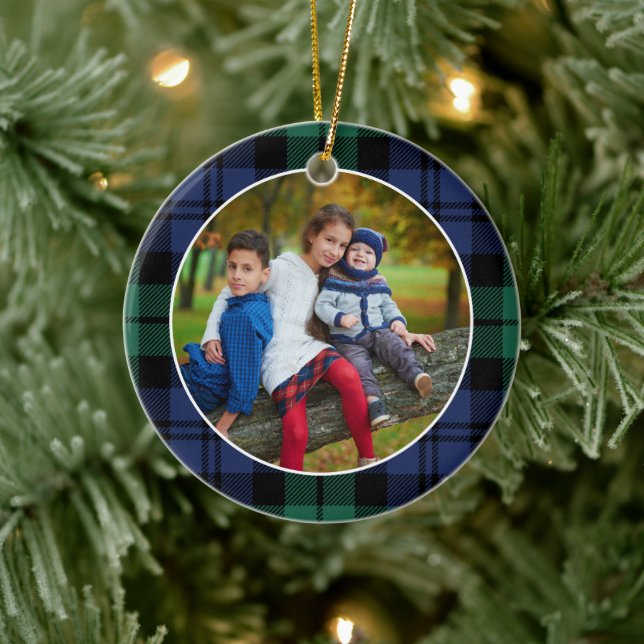 Green and Blue Tartan Plaid Custom Family Photo Ceramic Ornament (Tree)
