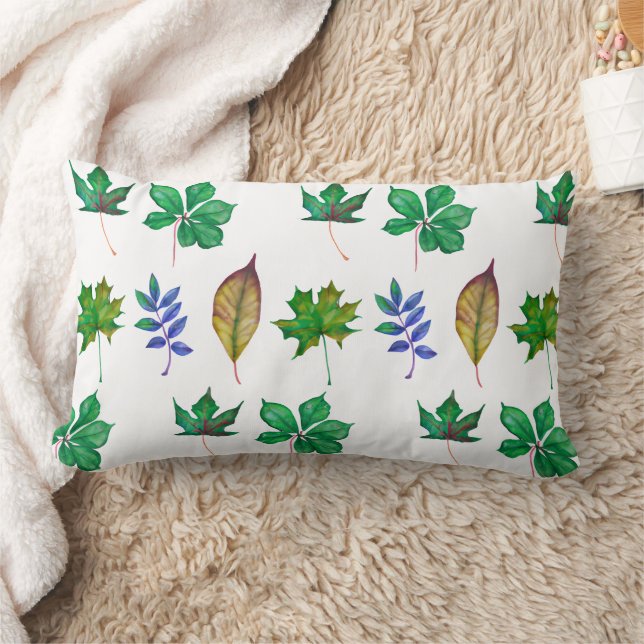 Green and Blue Watercolor Leaves Lumbar Cushion (Blanket)