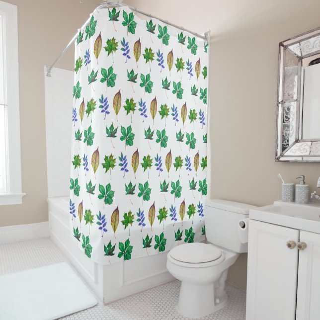 Green and Blue Watercolor Leaves Shower Curtain (In Situ)