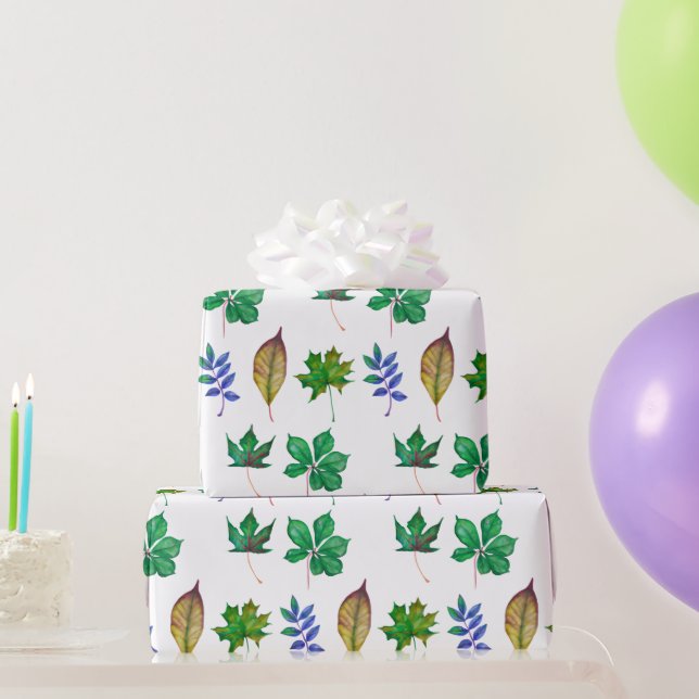 Green and Blue Watercolor Leaves Wrapping Paper (Party Gifts)