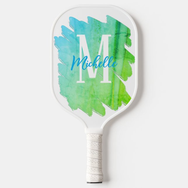 Green and Blue Watercolor Monogram  Pickleball Paddle (Front)