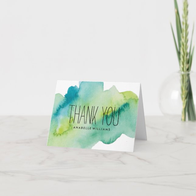Green and Blue Watercolor Wash Thank You Card (Front)