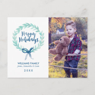 Green and Blue Watercolor Wreath Christmas Photo Holiday Postcard