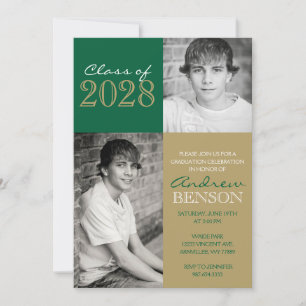 Green and Bronze Gold Classic 2 Photo Graduation Invitation