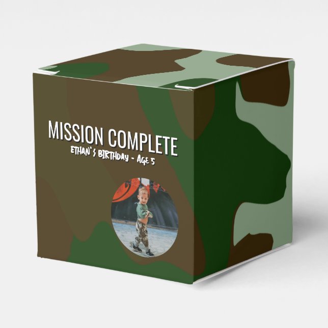 Green and Brown Camo Pattern Mission Complete Favour Box (Front Side)