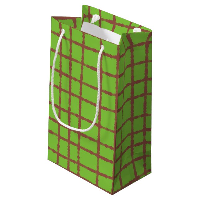 Green and Brown Check Pattern Elegant and Unique Small Gift Bag (Back Angled)