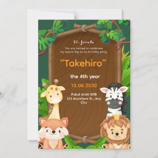 Green and Brown Cute Animal Illustration Children' Magnetic Invitation
