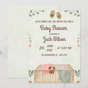 Green and Brown Cute Watercolor Baby boy Shower Invitation