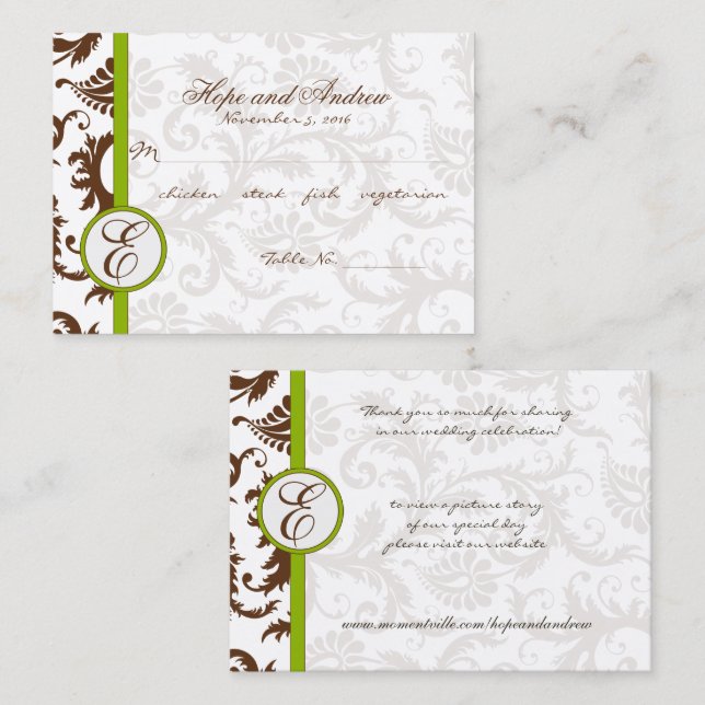 Green and Brown Damask Place Card Menu Selection (Front/Back)