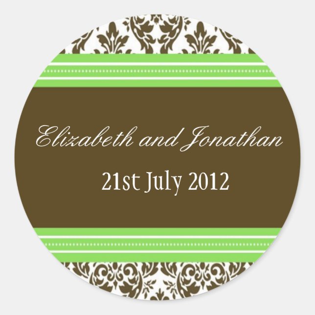 Green and Brown Damask Wedding Sticker (Front)