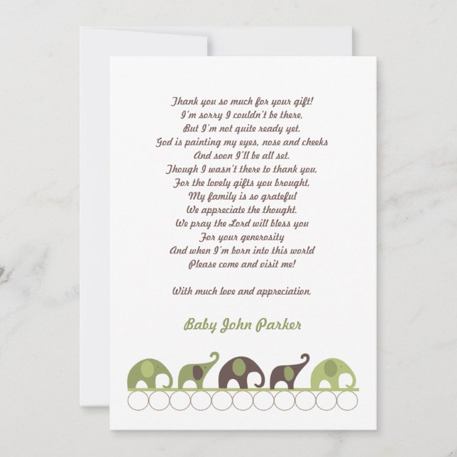 Green and Brown Elephant Thank You Note with poem Card (Front)