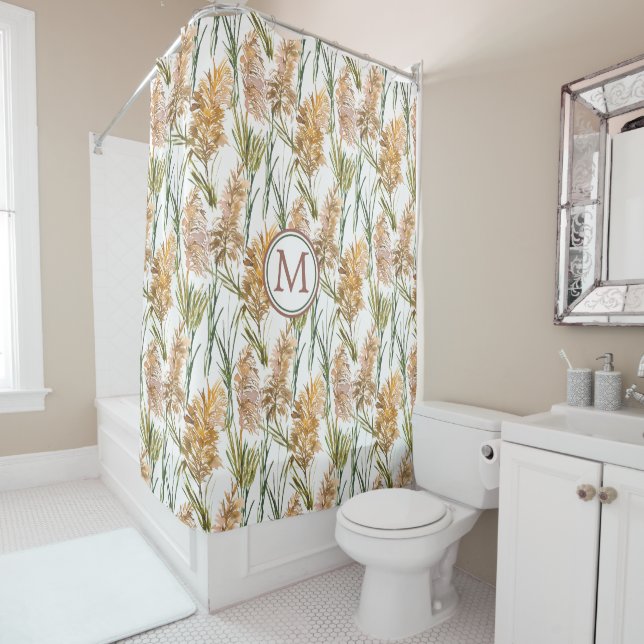 Green and Brown Pampas Grass Pattern Monogram Shower Curtain (In Situ)