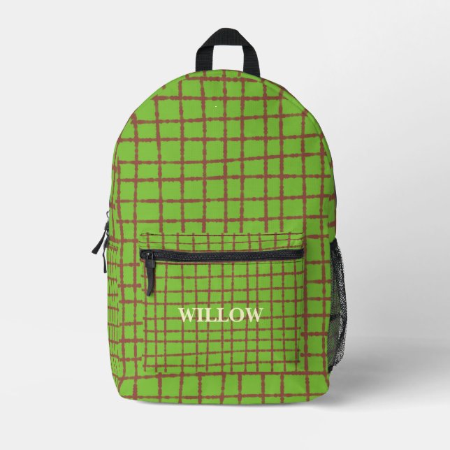 Green and Brown Plaid Pattern Printed Backpack (Front)