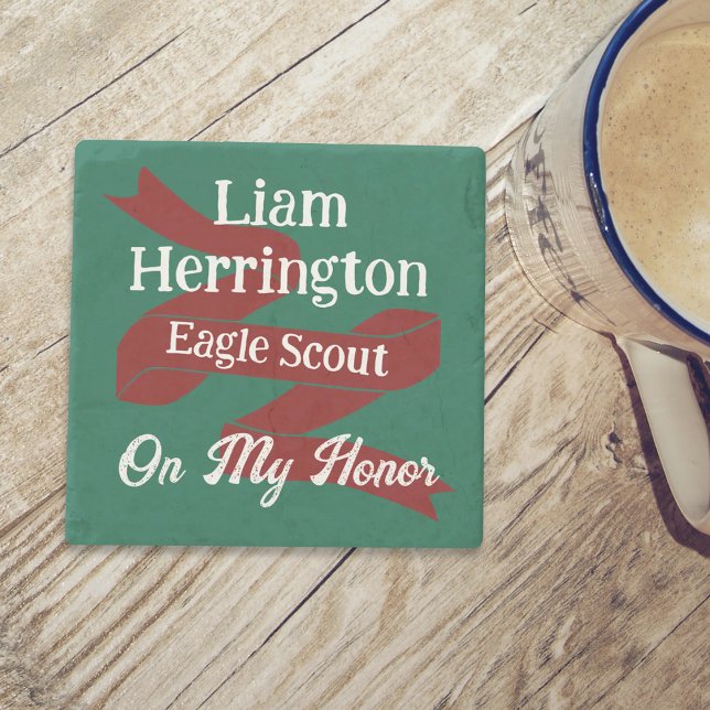 Green and Burgundy Eagle Scout Court of Honor Stone Coaster (green and burgundy red eagle scout court of honor personalized coaster gift with name, banner ribbon)