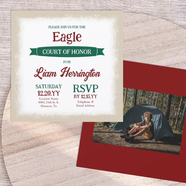 Green and Burgundy Eagle Scout Court of Honour Invitation (green and burgundy red eagle scout court of honor invitation with photo and banner ribbon)