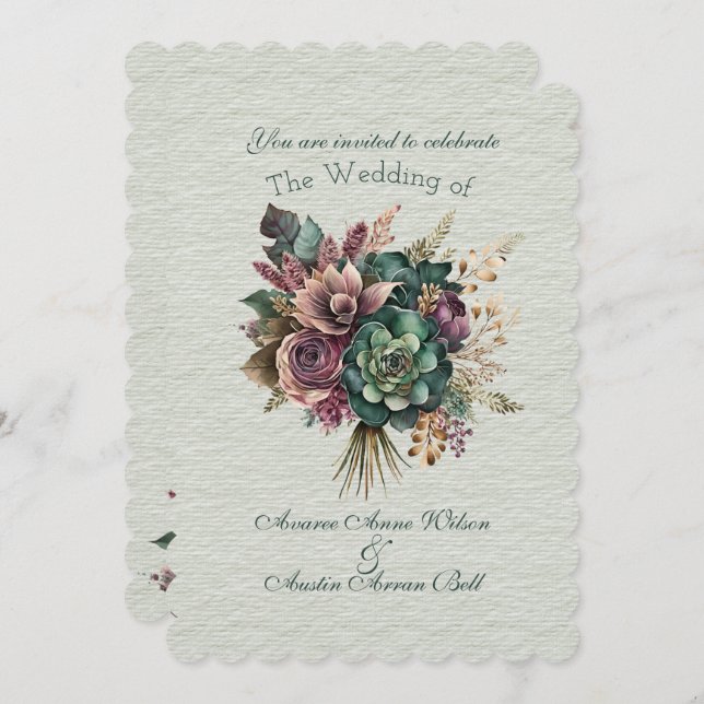 Green and Burgundy Floral Wedding Bouquet  Invitation (Front/Back)