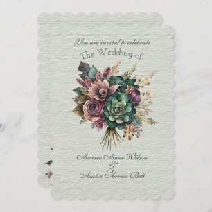 Green and Burgundy Floral Wedding Bouquet Invitation