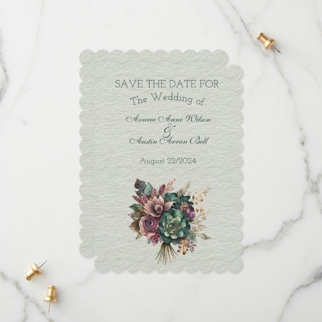 Green and Burgundy  Floral Wedding Bouquet  Save The Date (Front/Back In Situ)