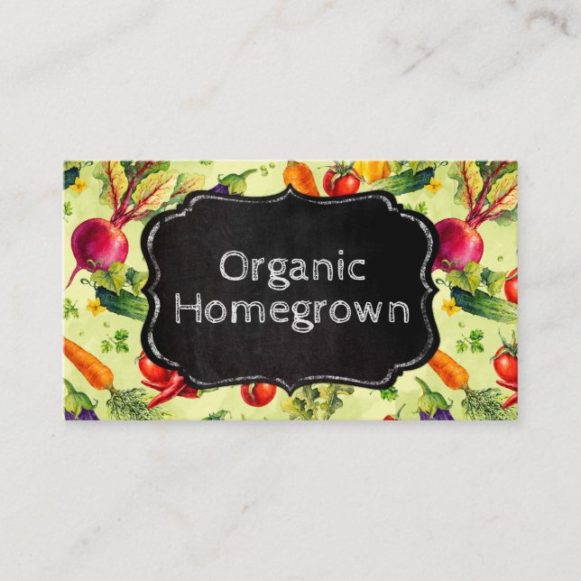 Green And Chalkboard Homegrown Vegetable Pattern Business Card (Front)