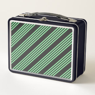 Green and charcoal five stripes pattern metal lunch box