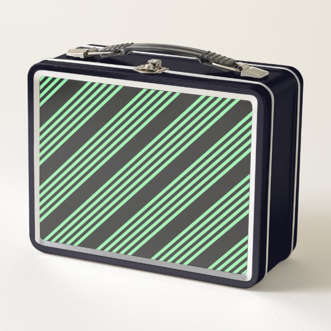 Green and charcoal five stripes pattern metal lunch box (Front)