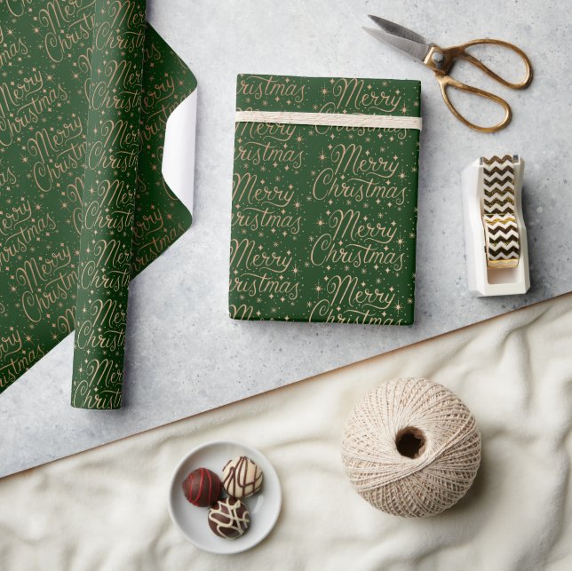 Green and Copper Merry Christmas Script Pattern Wrapping Paper (Crafts)