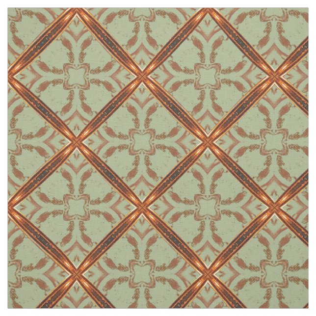 Green and Copper Orange Scroll Grid Pattern Fabric (Swatch)