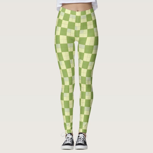 Green and Cream Chequered Tile Pattern Leggings (Front)