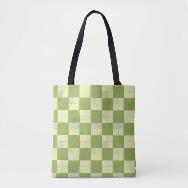 Green and Cream Chequered Tile Pattern Tote Bag (Front)