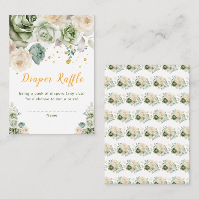 Green and Cream Floral Baby Shower Diaper Raffle Enclosure Card (Front/Back)