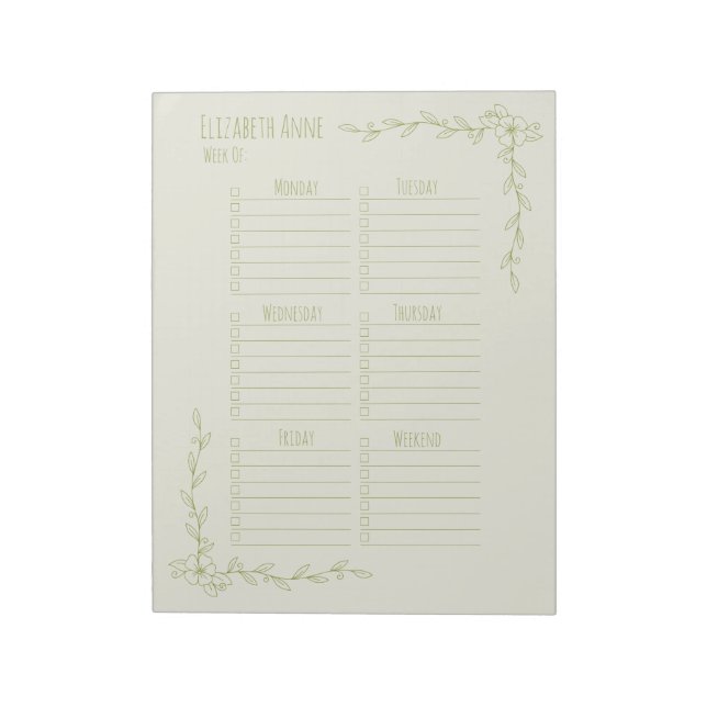 Green and Cream Floral Weekly Planner Notepad (Rotated)