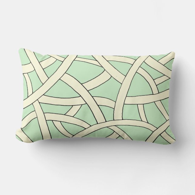 Green and Cream Hand Drawn Fantasy Pattern Lumbar Cushion (Front)