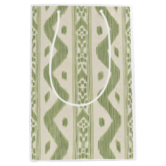 Green and Cream Ikat Gift Bag, Woven Stripe Medium Gift Bag