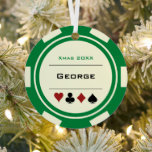 Green and Cream Las Vegas Poker Chip Christmas Metal Tree Decoration<br><div class="desc">Looking for a gift for your favourite gambler? Give them this fun green and cream white casino poker chip Christmas ornament. Personalise it with their name and year for an extra personal touch!</div>
