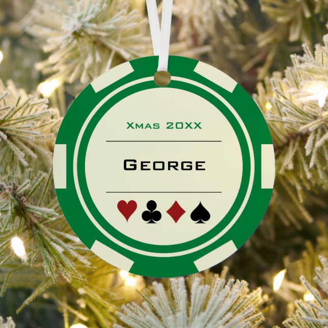 Green and Cream Las Vegas Poker Chip Christmas Metal Tree Decoration (Insitu)