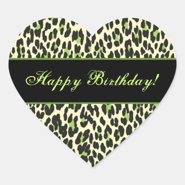 Green and Cream Leopard Happy Birthday Heart Sticker (Front)