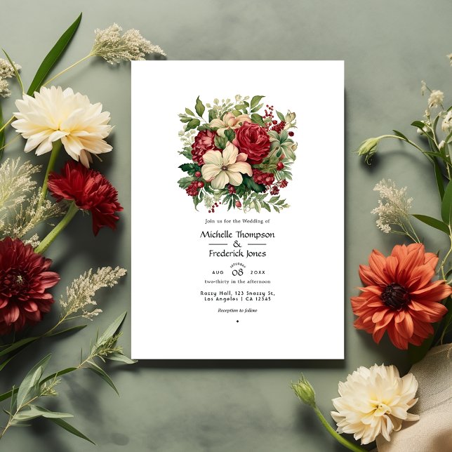 Green and Crimson with Cream Floral Spring Wedding Invitation (Creator Uploaded)