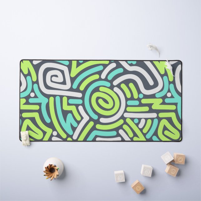 Green and Cyan Neon Squiggle Maze Pattern Desk Mat (Kids Table)