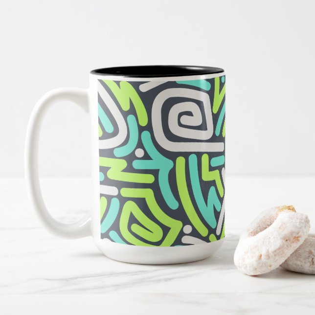 Green and Cyan Neon Squiggle Maze Pattern Two-Tone Coffee Mug (With Donut)
