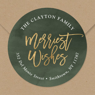 Green and Faux Foil Merriest Return Address Classic Round Sticker
