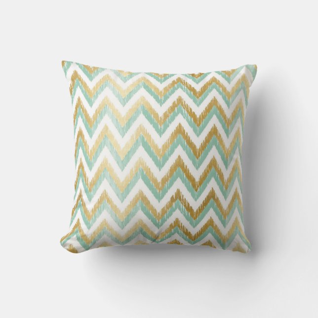 Green and Faux Gold Foil Chevron Ikat Pattern Cushion (Front)