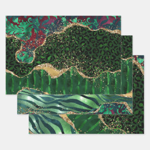Green and Faux Gold Glitter Jungle Safari Agate Wrapping Paper Sheet