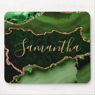 Green and Faux Gold Glitter Marble Agate Mouse Pad