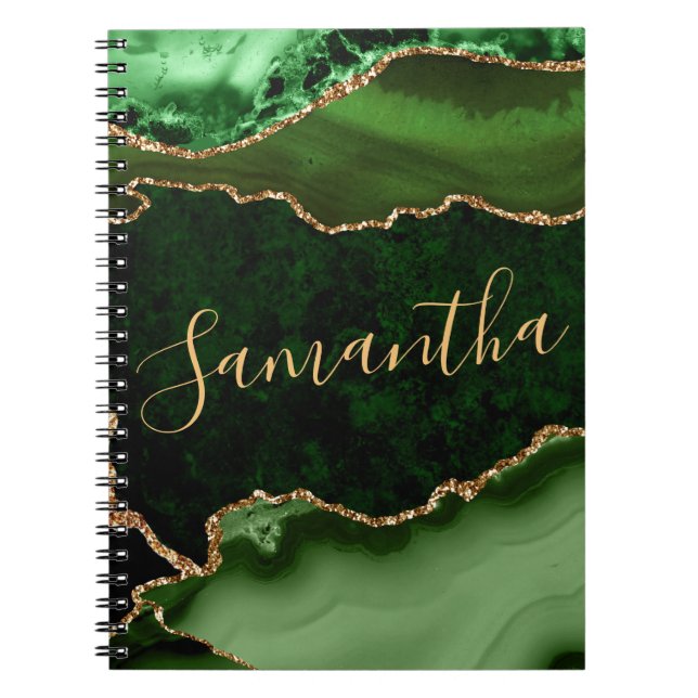 Green and Faux Gold Glitter Marble Agate Notebook (Front)