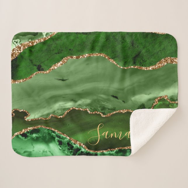 Green and Faux Gold Glitter Marble Agate Sherpa Blanket (Front (Horizontal))