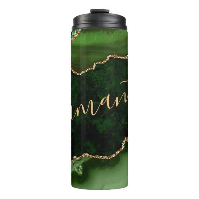 Green and Faux Gold Glitter Marble Agate Thermal Tumbler (Front)