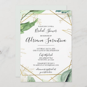 Green and Faux Gold Watercolor Modern Wedding Invitation