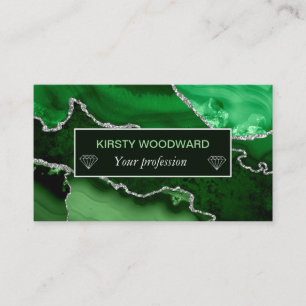 Green and Faux Silver Glitter Marble Agate Business Card